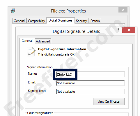 Screenshot of the Zinio LLC certificate